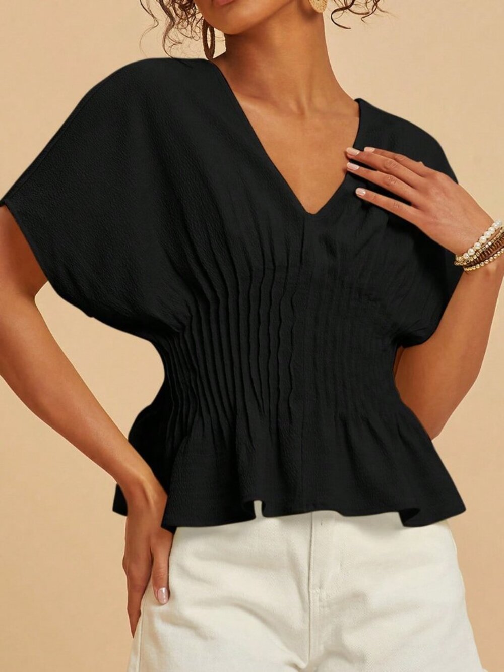 Black Casual Women's Cinched Waist Batwing Sleeve Top - Picture 3 of 6